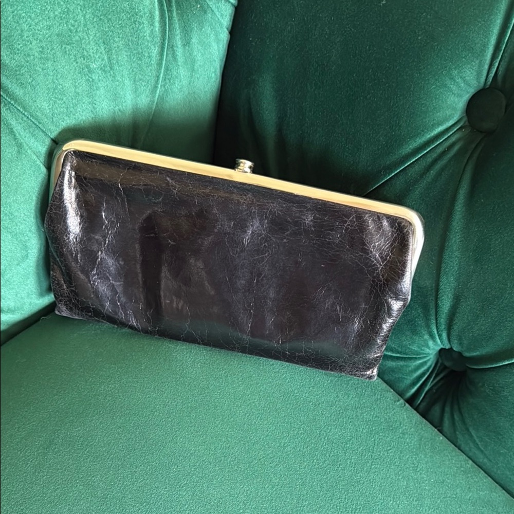HOBO Black Leather Wristlet with Vintage Gold Frame